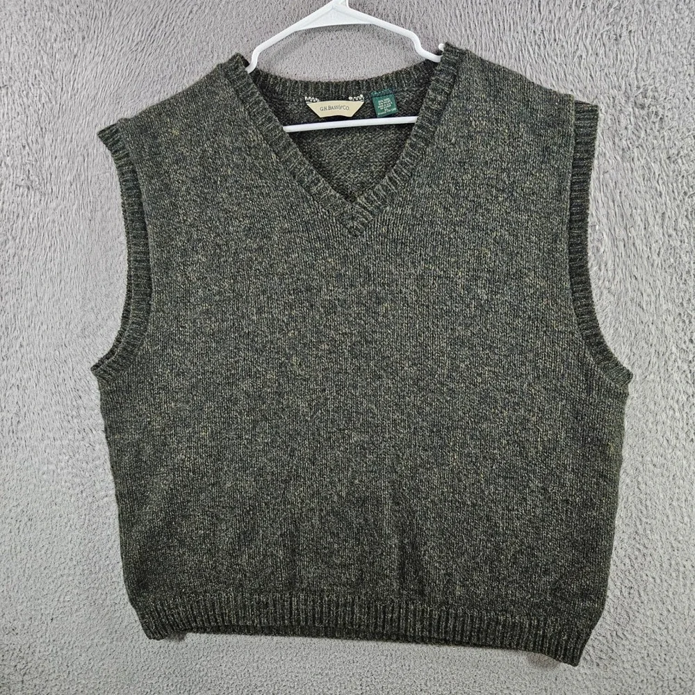 GH Bass Mens XL V-Neck Sweater Vest Dark Green Wool Blend Marl Made in USA